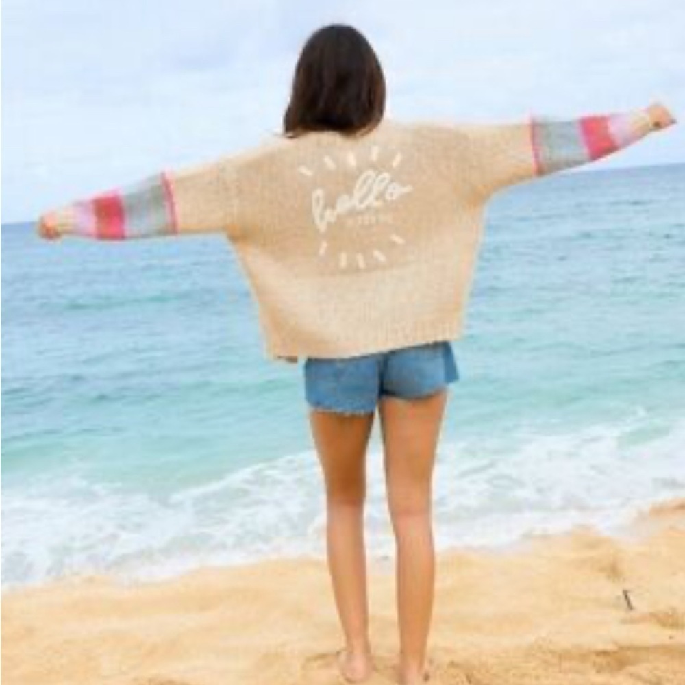 Saltwater Luxe Size L Hello Sunshine Cardigan Sweater in Beige and Stripes NEW!